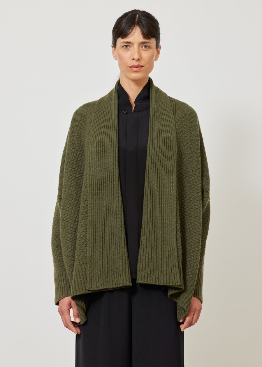 Women Eskandar | Wide Shawl Collar Knit Cardigan-Long Armygreen