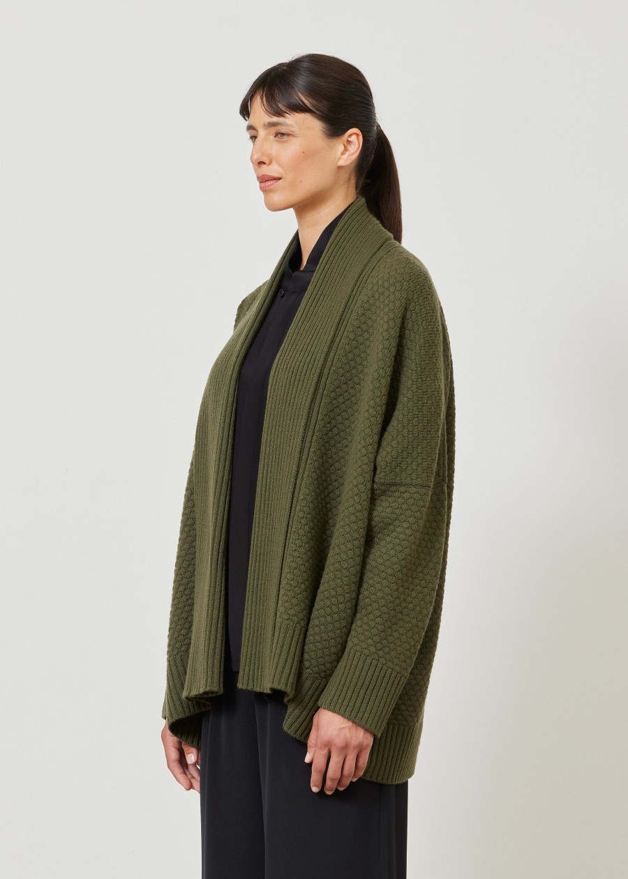 Women Eskandar | Wide Shawl Collar Knit Cardigan-Long Armygreen