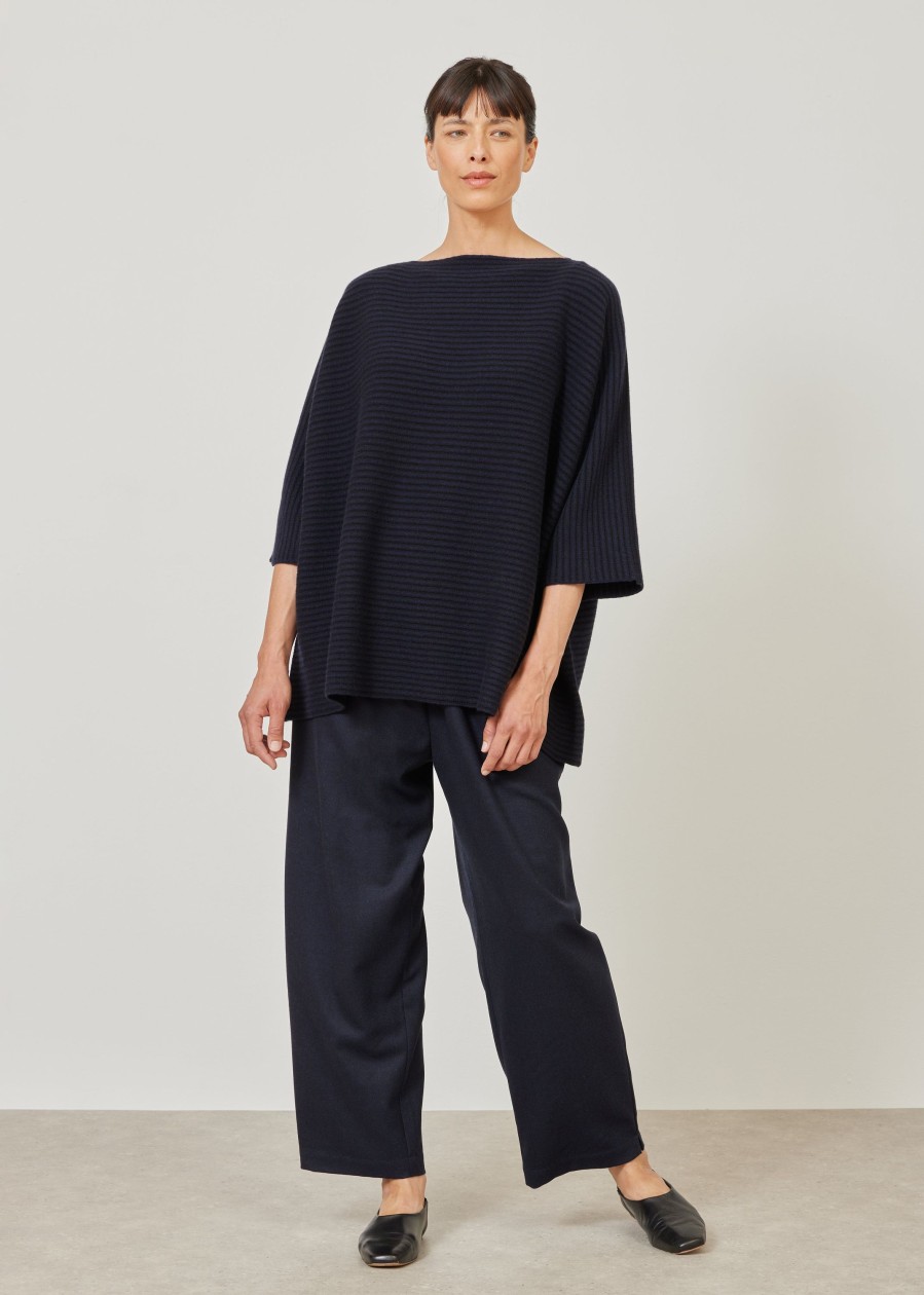 Women Eskandar | Square 3/4 Sleeve Sweater-Long Black/Navydark