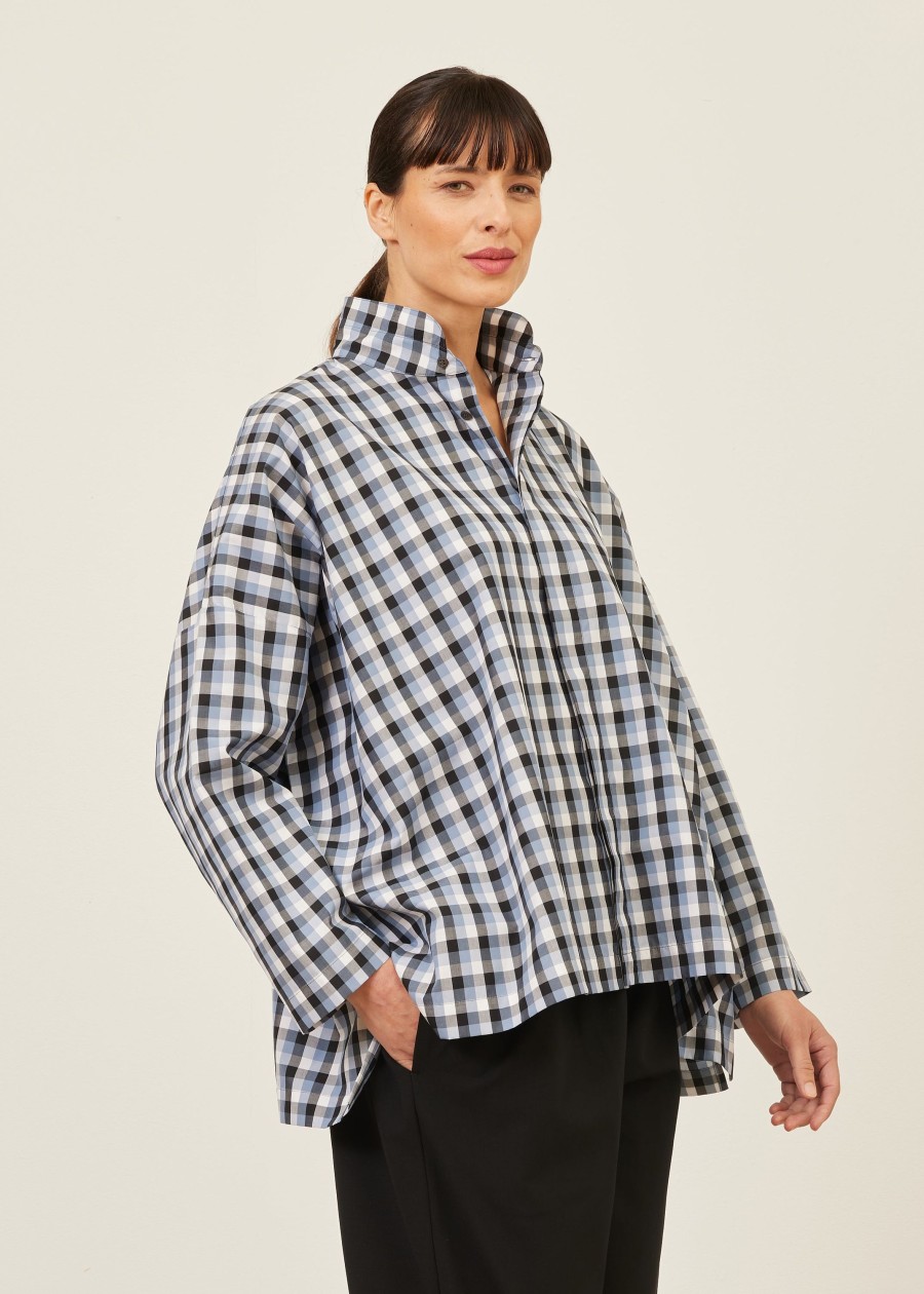 Women Eskandar | Wide Longer Back Shirt With Double Stand Collar-Mid Plus Bluemix