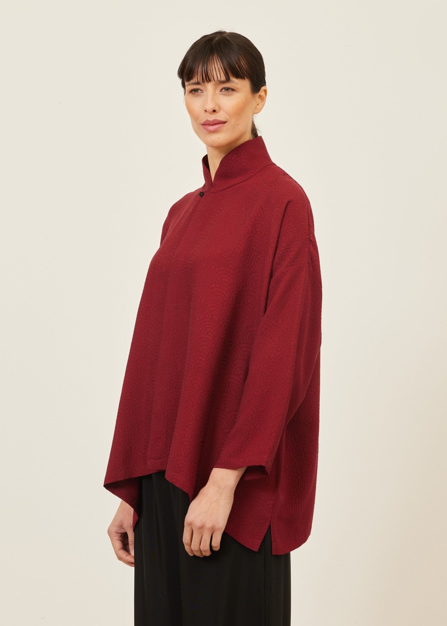 Women Eskandar | Wide A-Line Shirt With Chinese Collar-Mid Plus Garnet