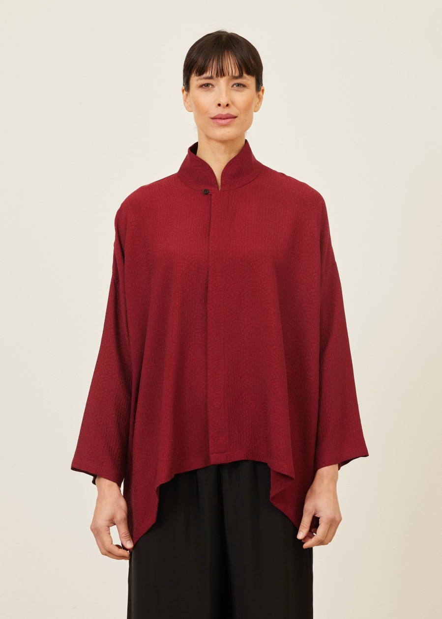 Women Eskandar | Wide A-Line Shirt With Chinese Collar-Mid Plus Garnet