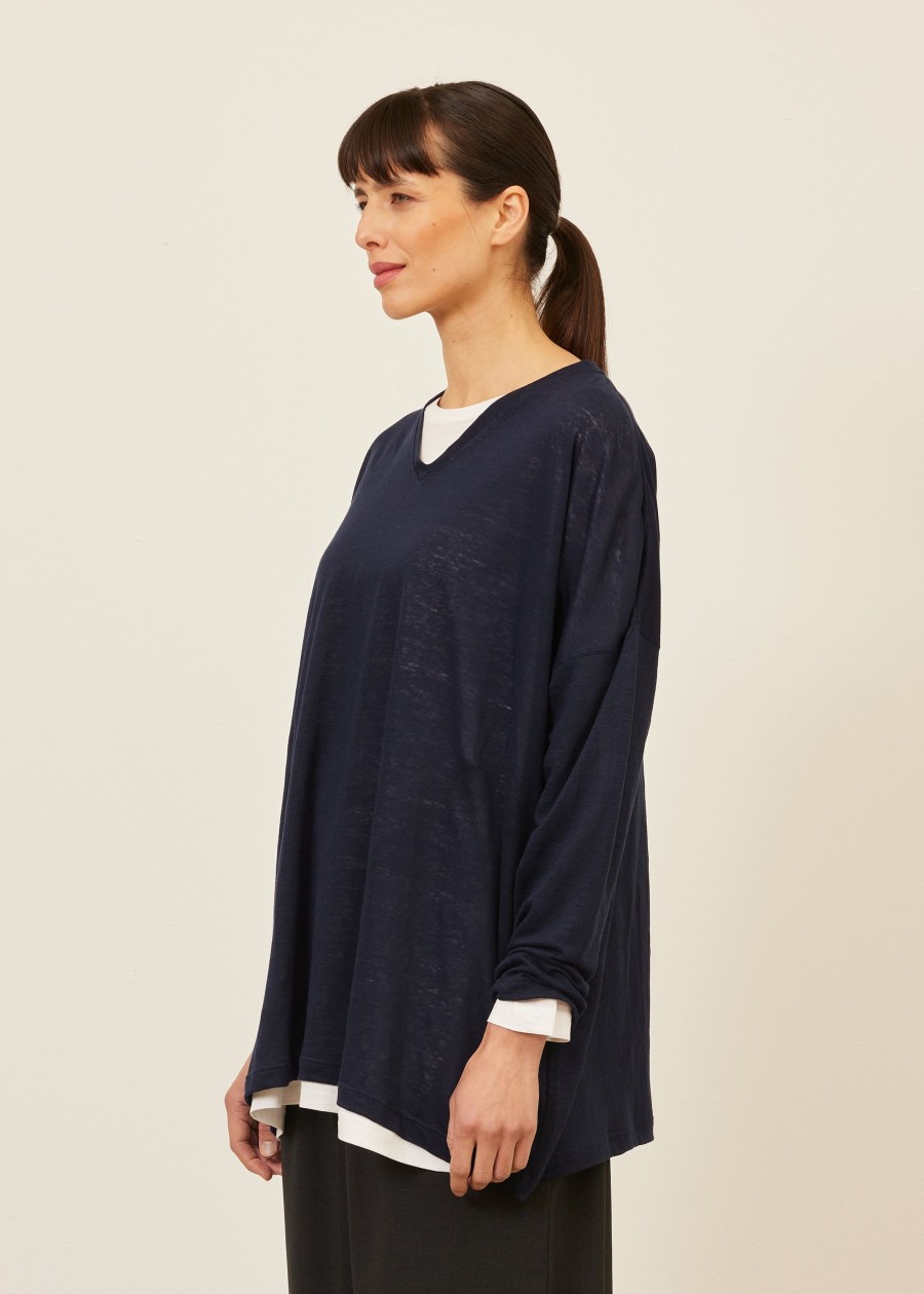 Women Eskandar | Long Sleeve V Neck-Long Navydark