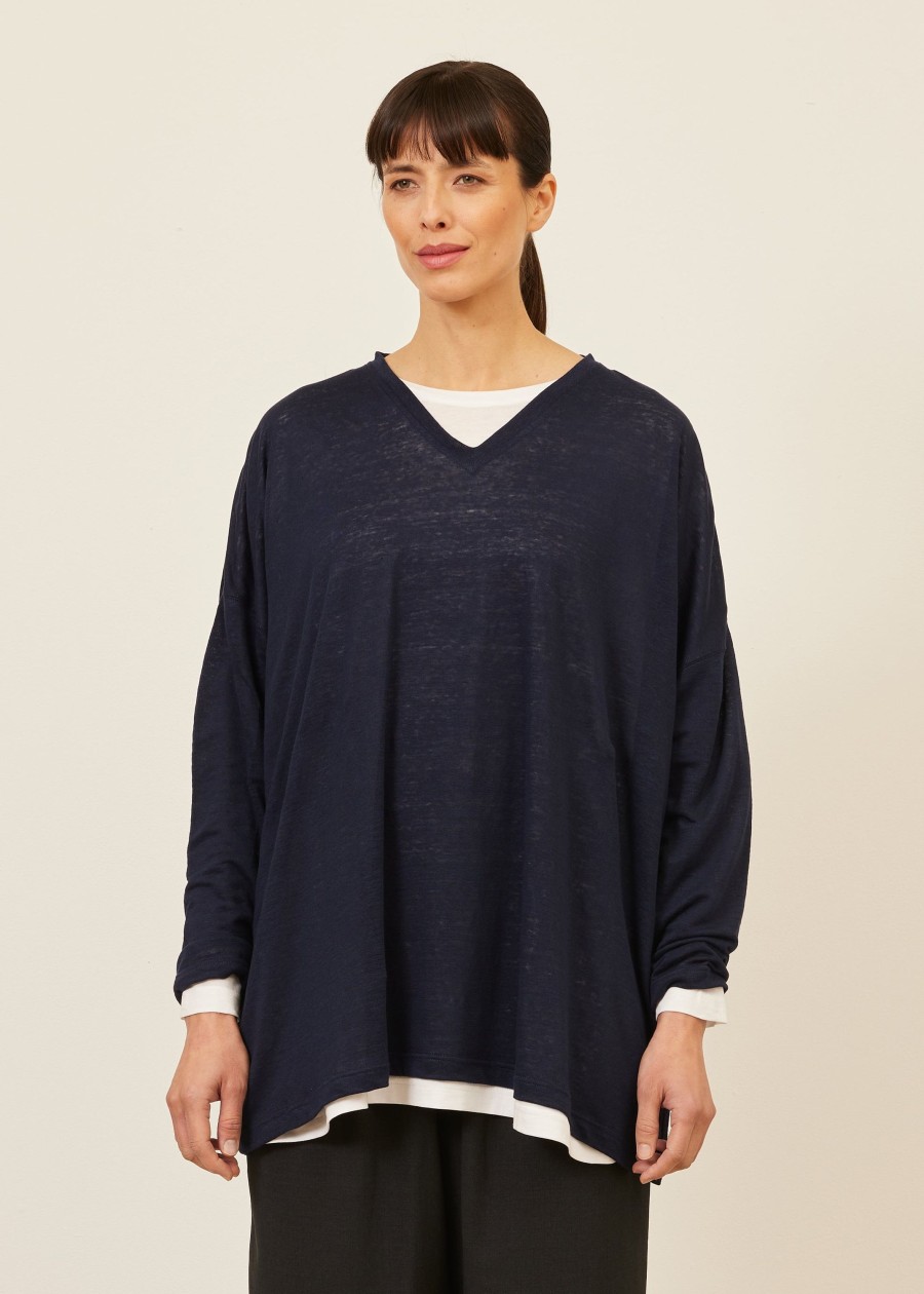 Women Eskandar | Long Sleeve V Neck-Long Navydark