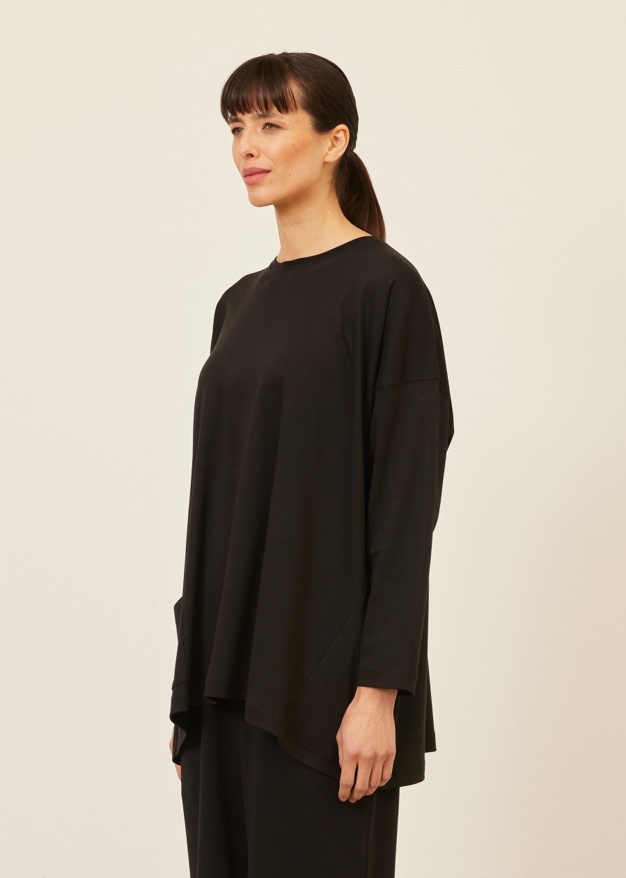 Women Eskandar | One Pocket Angle-To-Front Round Neck T-Shirt-Long Black