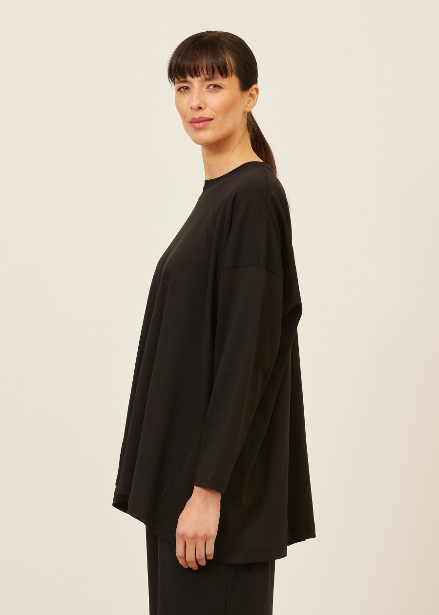 Women Eskandar | One Pocket Angle-To-Front Round Neck T-Shirt-Long Black