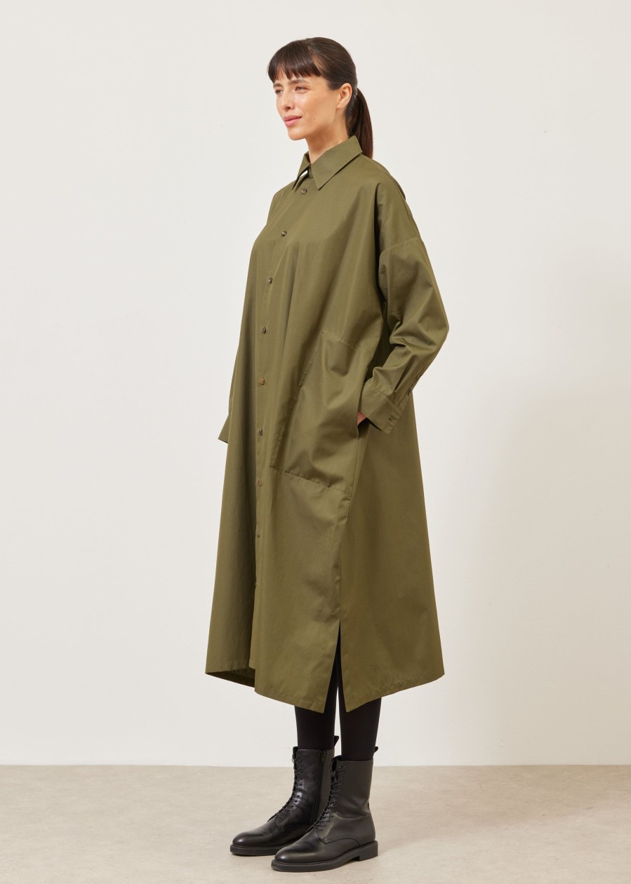 Women Eskandar | Wide A-Line Shirt Dress With Collar Armygreen