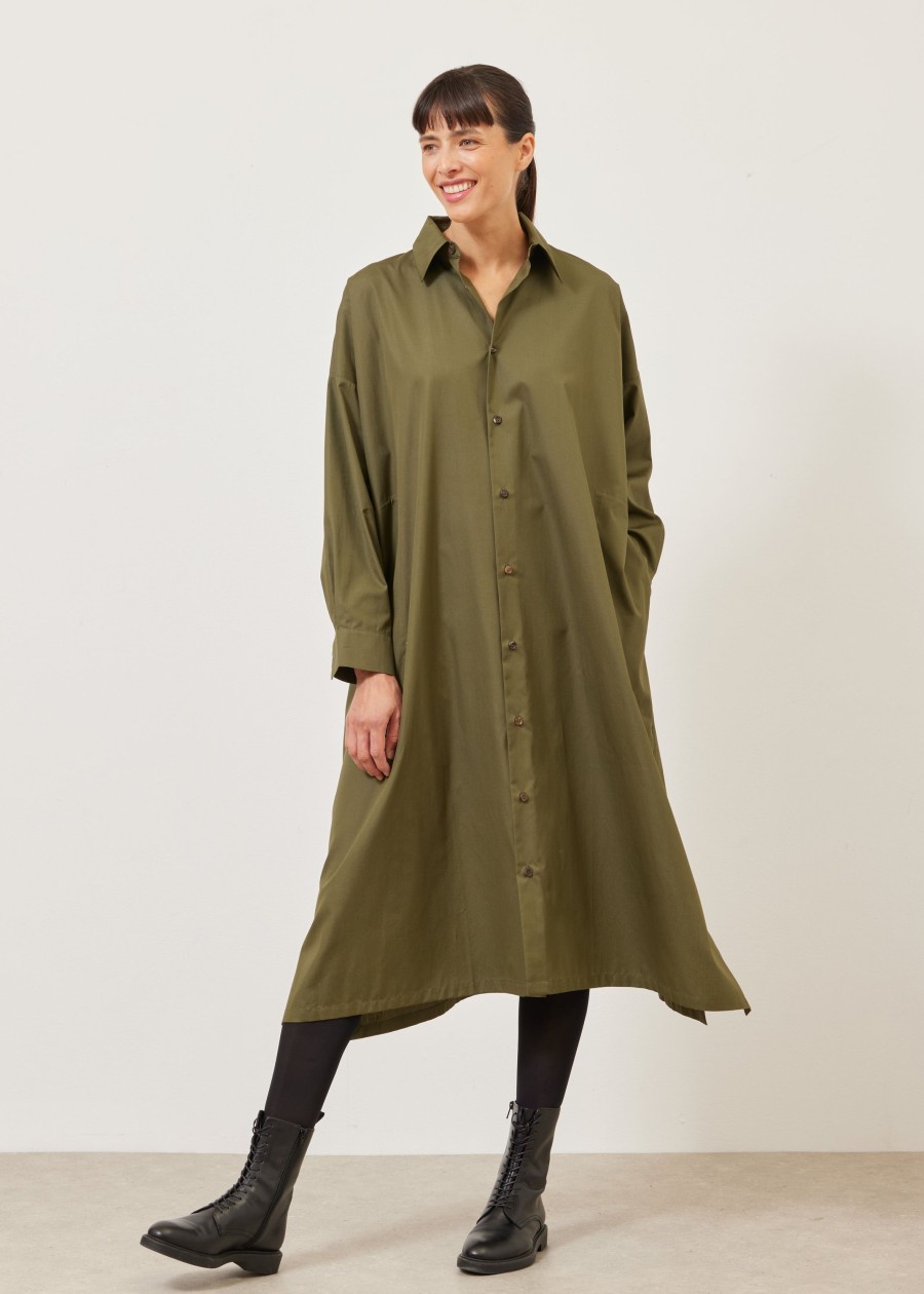 Women Eskandar | Wide A-Line Shirt Dress With Collar Armygreen