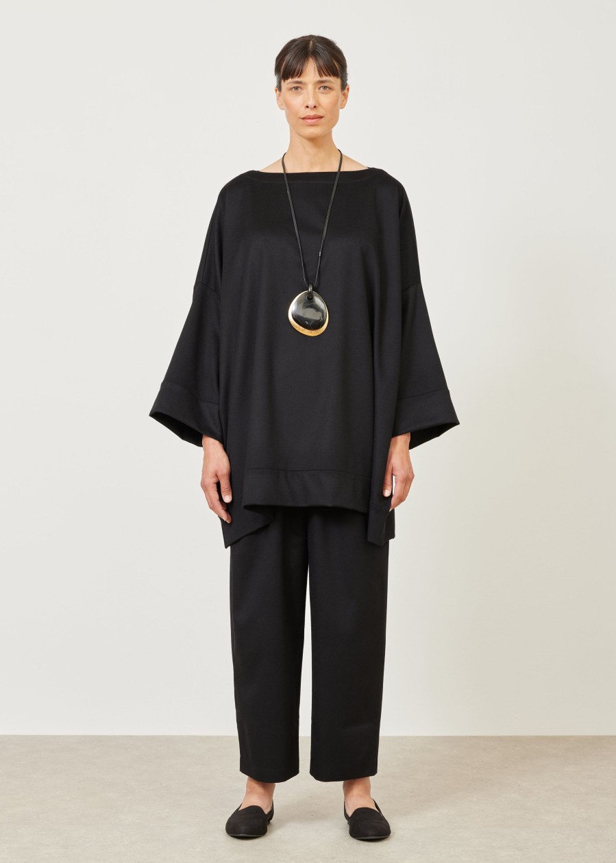 Women Eskandar | Sloped Shoulder Scoop Neck Poncho With Hembands-Long Plus Black