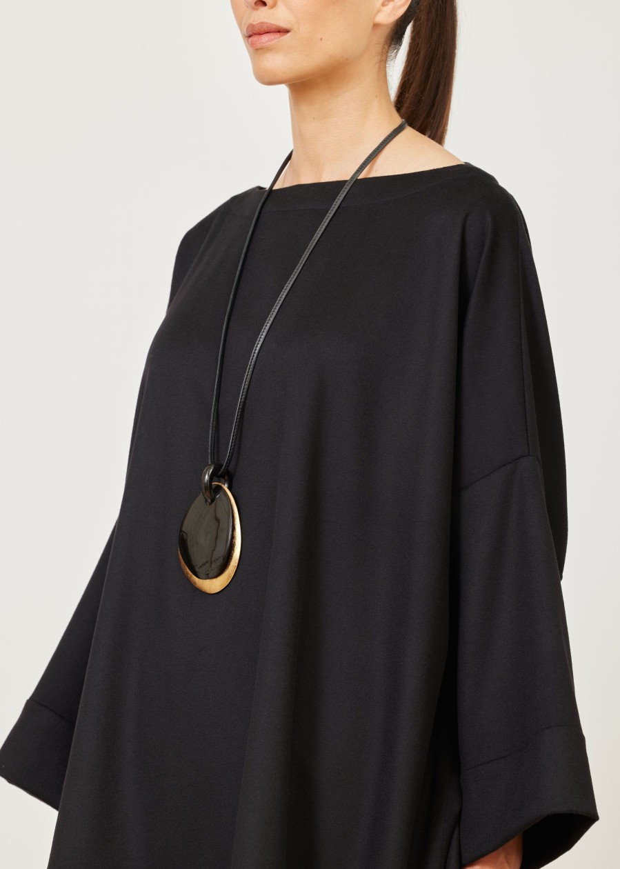 Women Eskandar | Sloped Shoulder Scoop Neck Poncho With Hembands-Long Plus Black