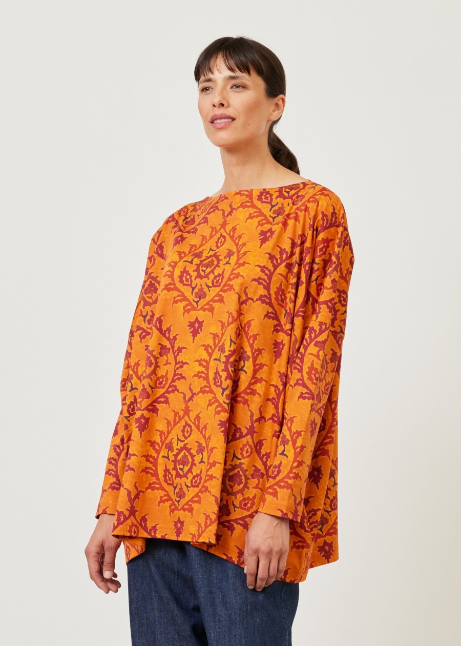 Women Eskandar | Wide Slim Sleeve Slash Neck Jersey T-Shirt-Long Orange