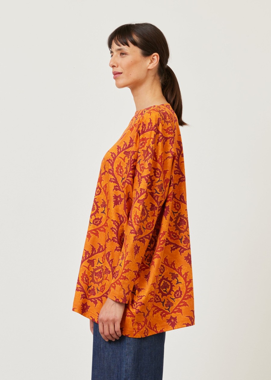 Women Eskandar | Wide Slim Sleeve Slash Neck Jersey T-Shirt-Long Orange