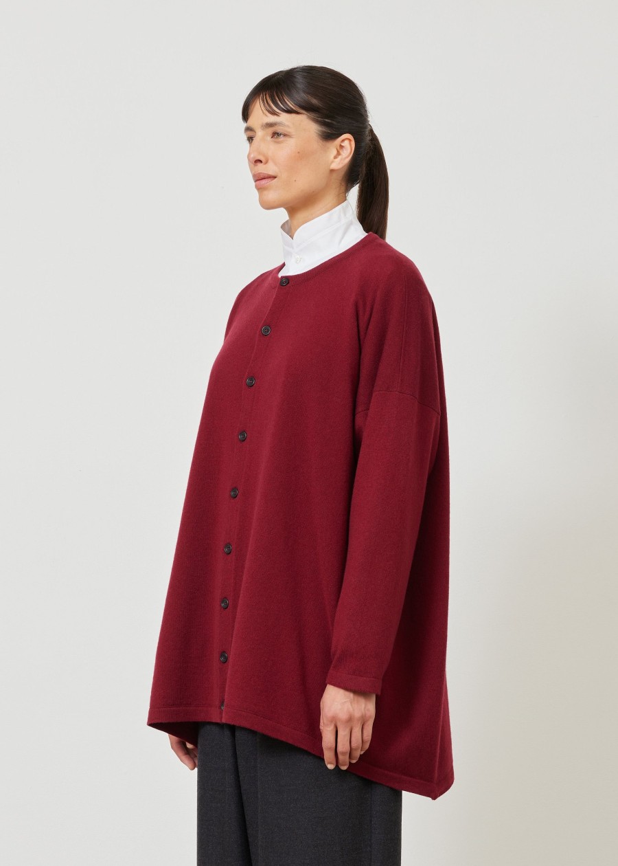 Women Eskandar | Smaller Front Larger Back Round Neck Knit Cardigan-Long Garnet