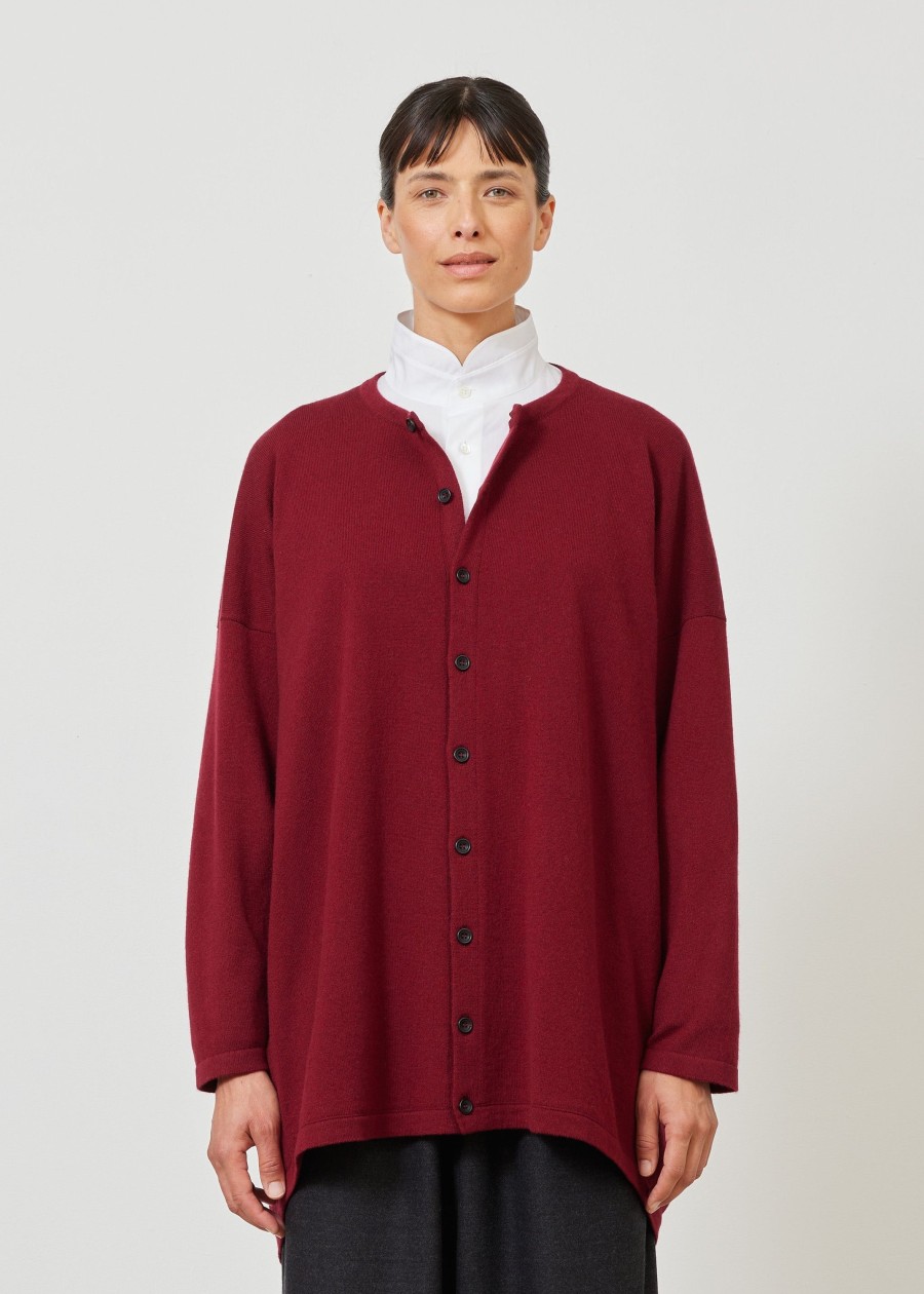 Women Eskandar | Smaller Front Larger Back Round Neck Knit Cardigan-Long Garnet