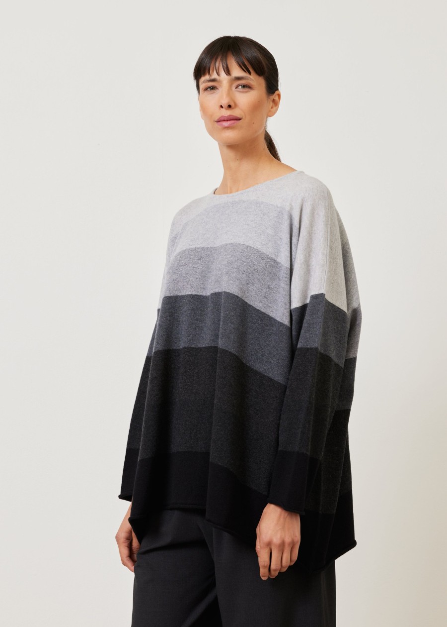 Women Eskandar | A-Line Bateau Neck Ombre Stripe Sweater-Long Grey