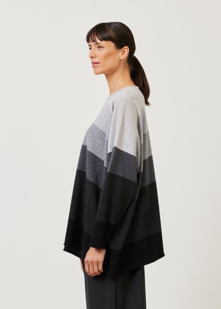 Women Eskandar | A-Line Bateau Neck Ombre Stripe Sweater-Long Grey