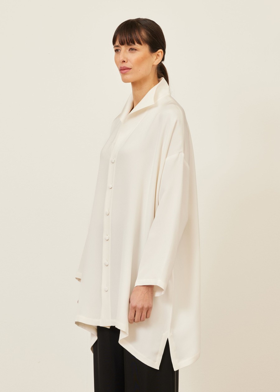 Women Eskandar | Wide A-Line Shirt With Open 'Standup Collar'-Long Plus White