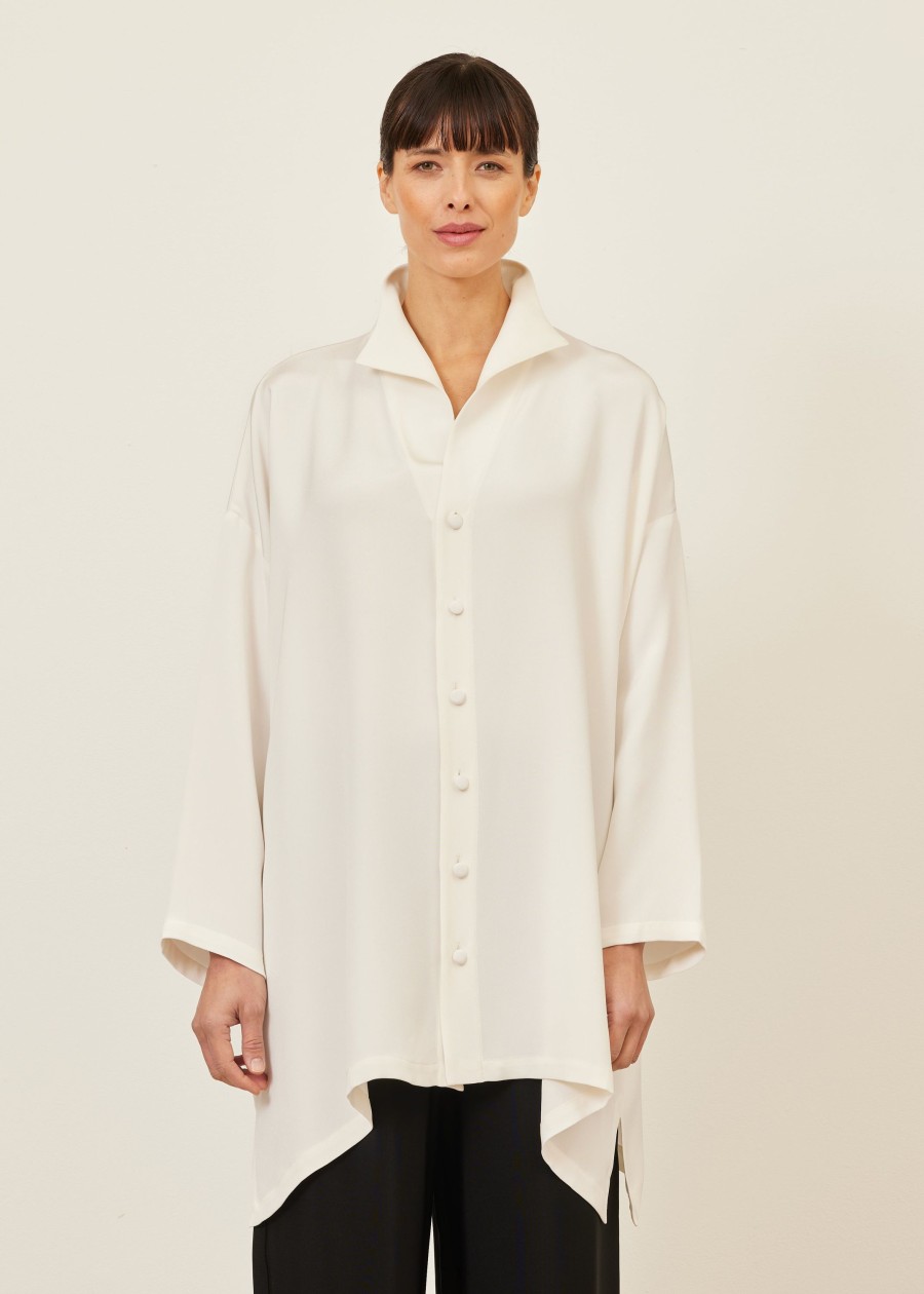 Women Eskandar | Wide A-Line Shirt With Open 'Standup Collar'-Long Plus White