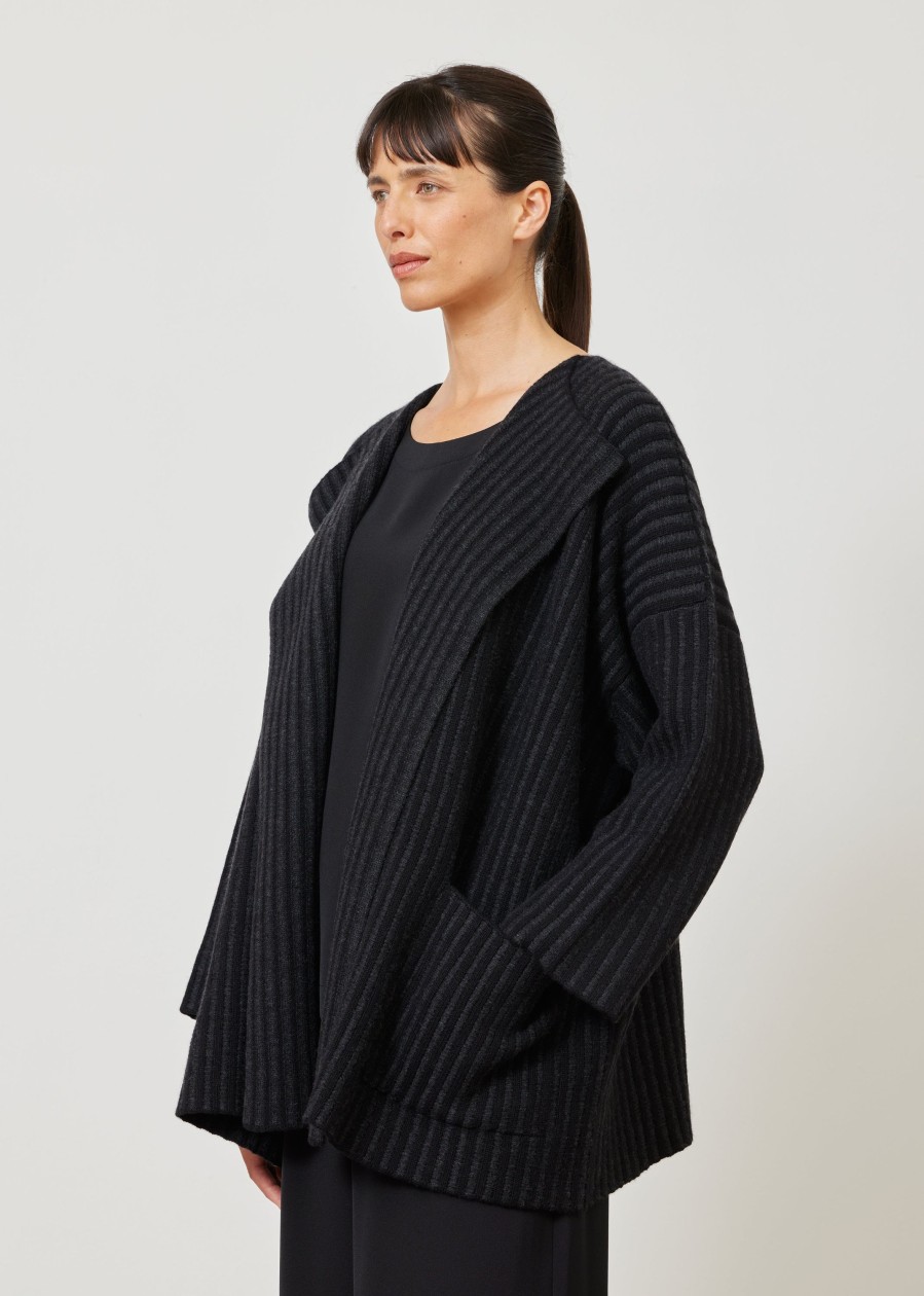 Women Eskandar | Knitted Jacket Coat Cardigan-Mid Plus Black/Coal