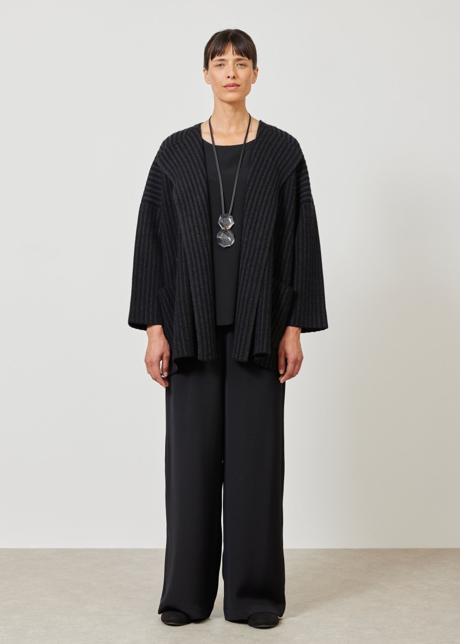 Women Eskandar | Knitted Jacket Coat Cardigan-Mid Plus Black/Coal