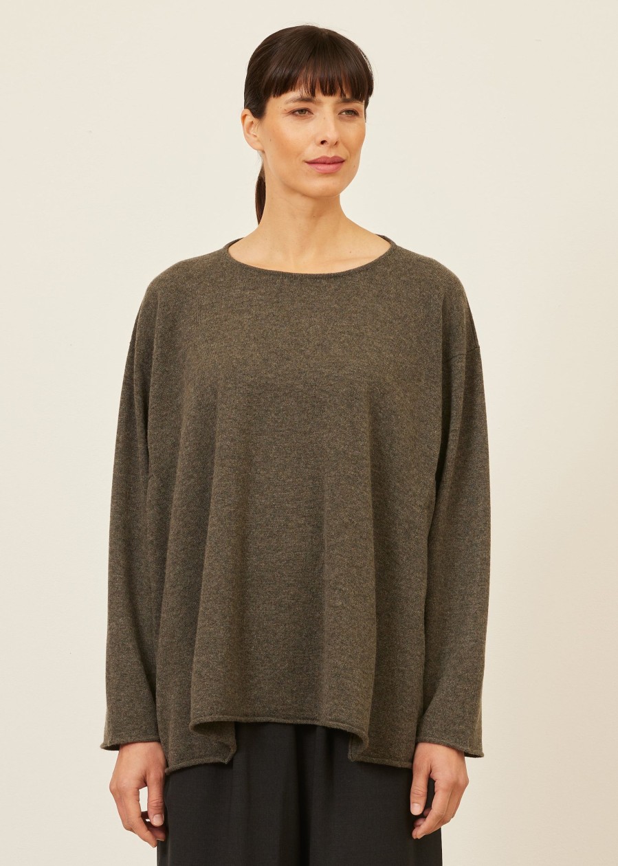 Women Eskandar | Side Panel A-Line Bateau Neck Sweater-Mid Plus Olivedark