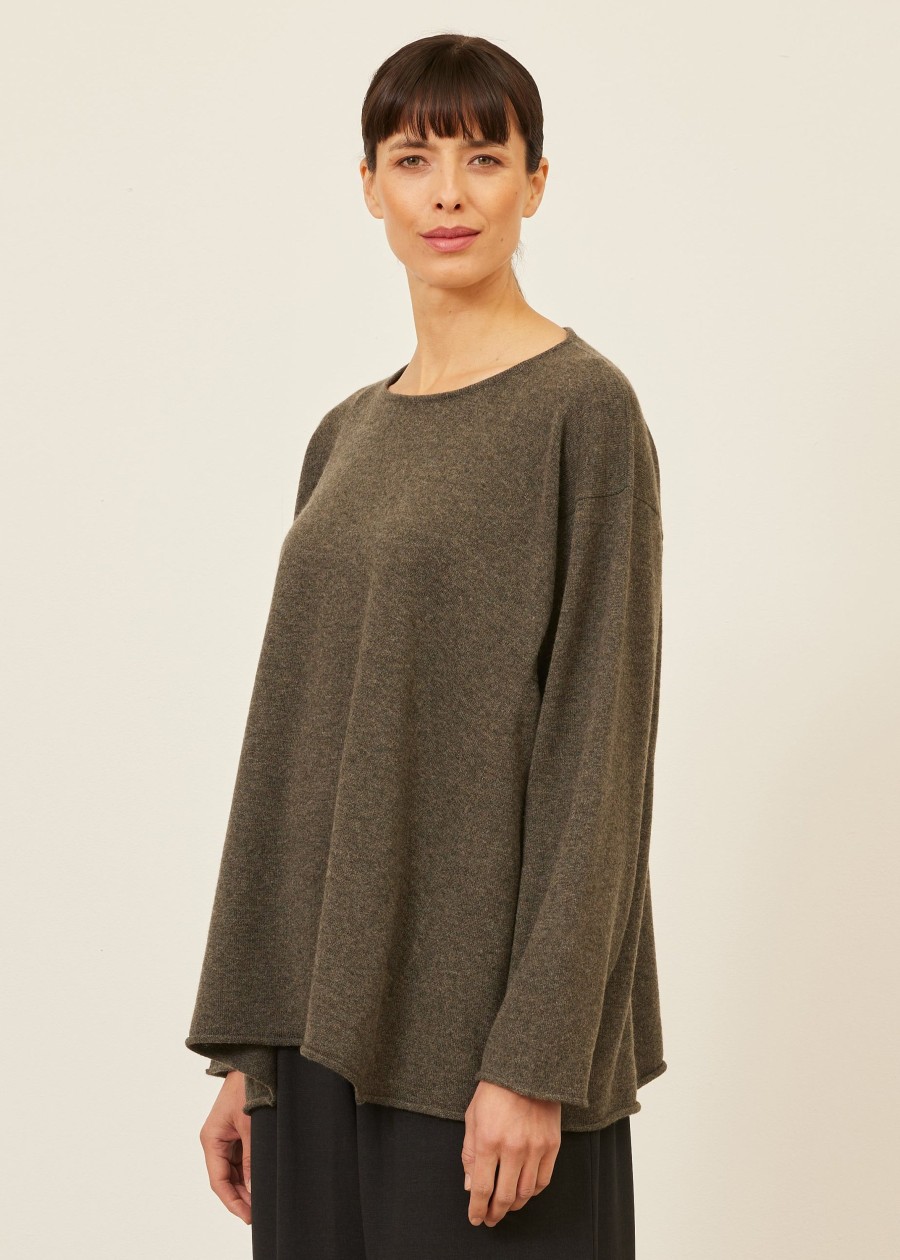 Women Eskandar | Side Panel A-Line Bateau Neck Sweater-Mid Plus Olivedark