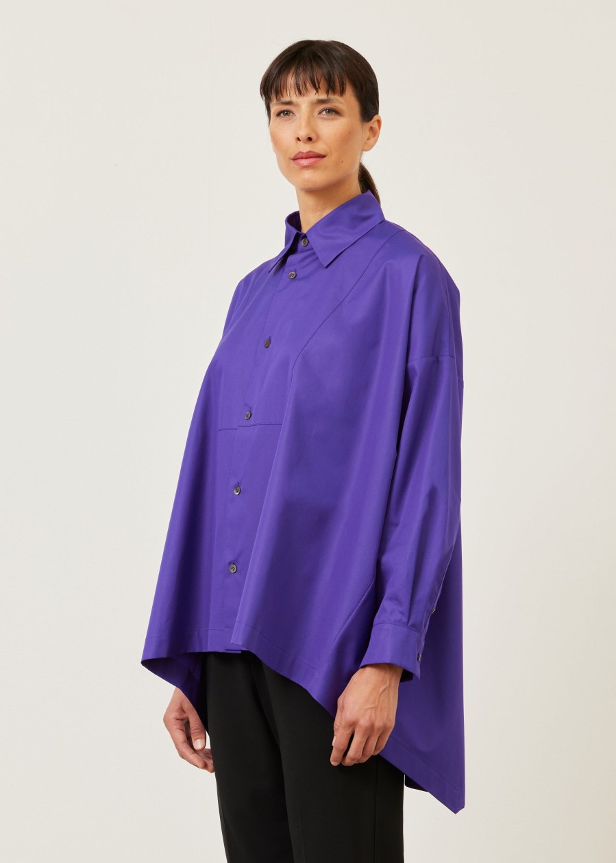 Women Eskandar | Smaller Front Larger Back Shirt With Collar And Bib Front-Mid Plus Purple