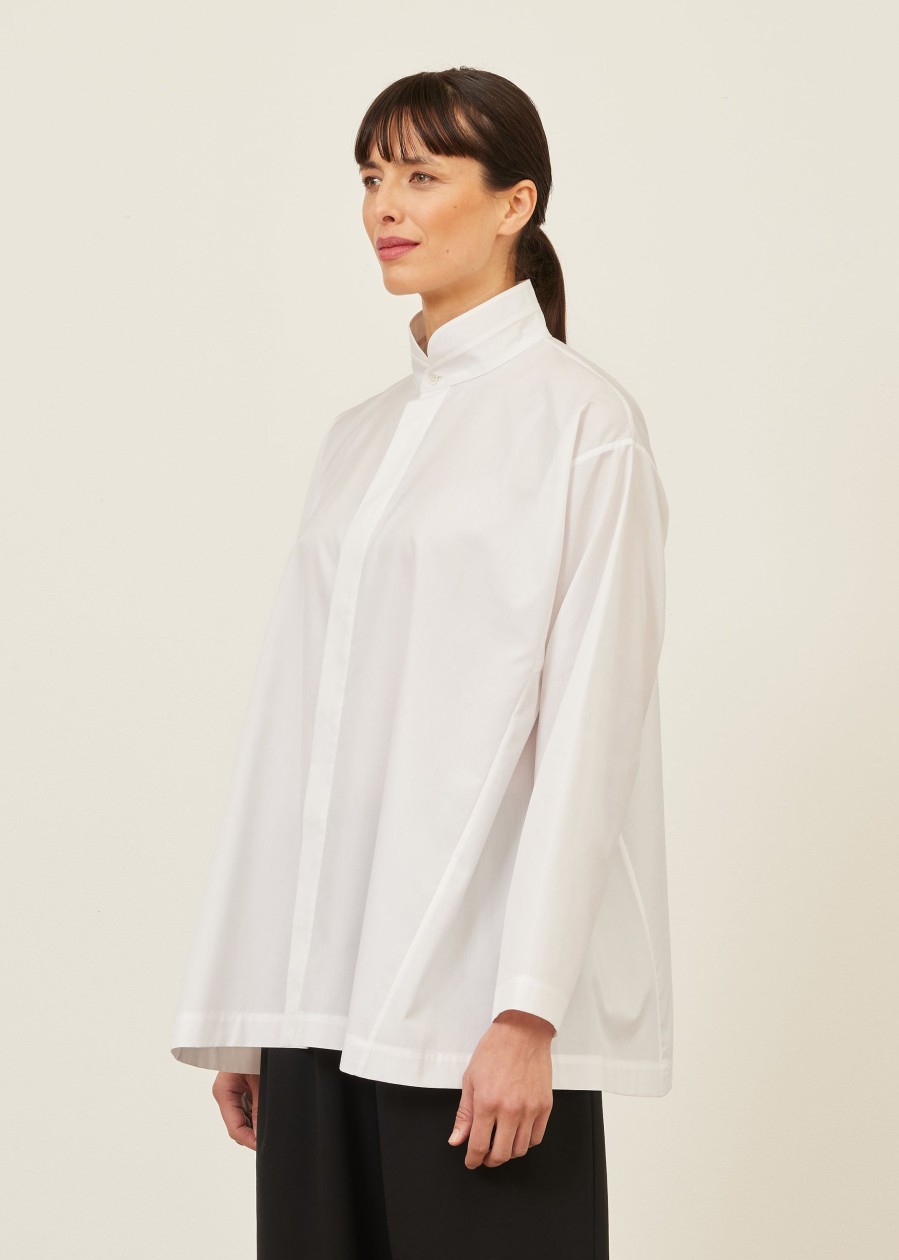 Women Eskandar | Side Panelled Shirt With Double Stand Collar-Long White