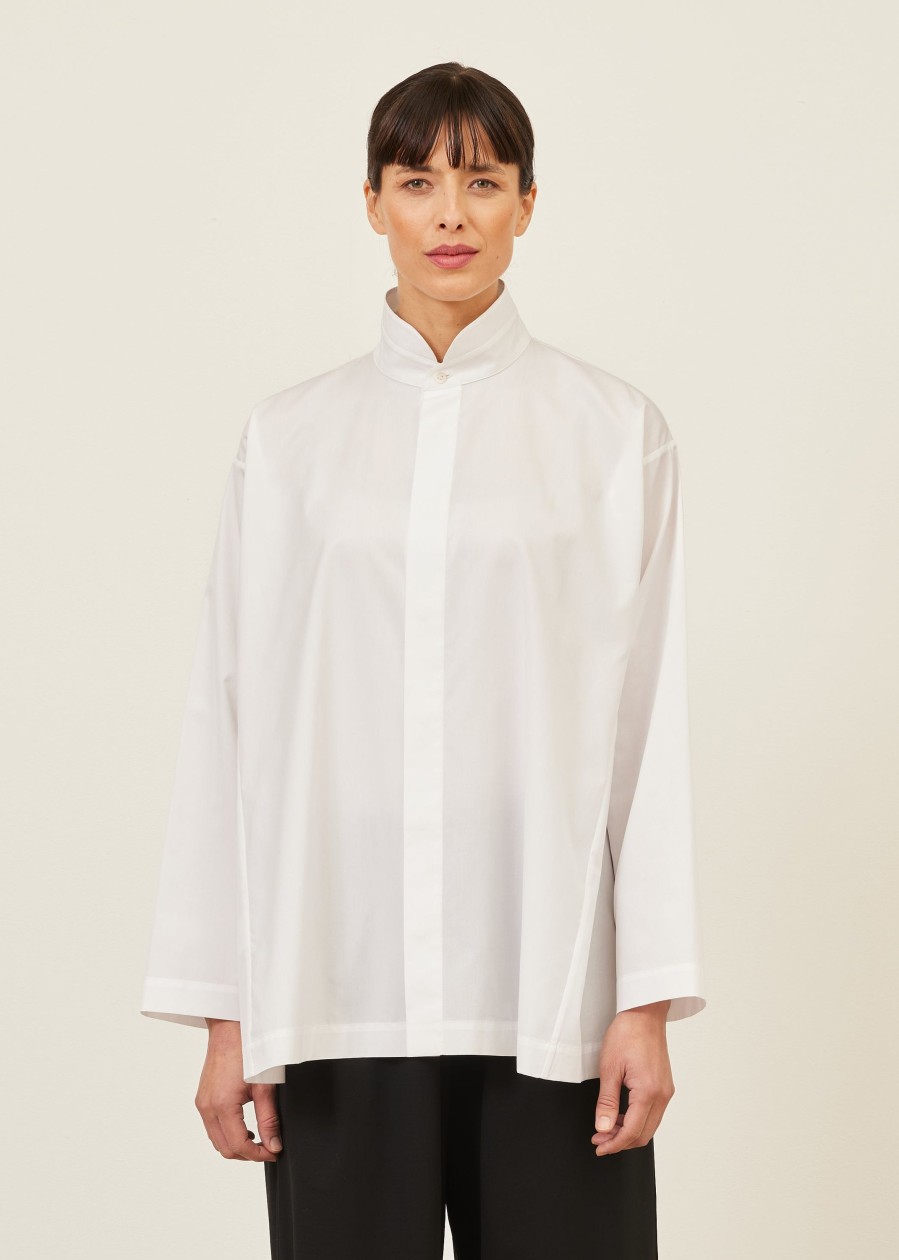 Women Eskandar | Side Panelled Shirt With Double Stand Collar-Long White