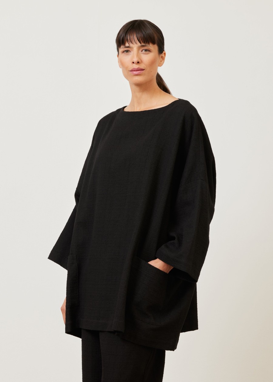 Women Eskandar | Sloped Shoulder Scoop Neck Poncho-Long Plus Black