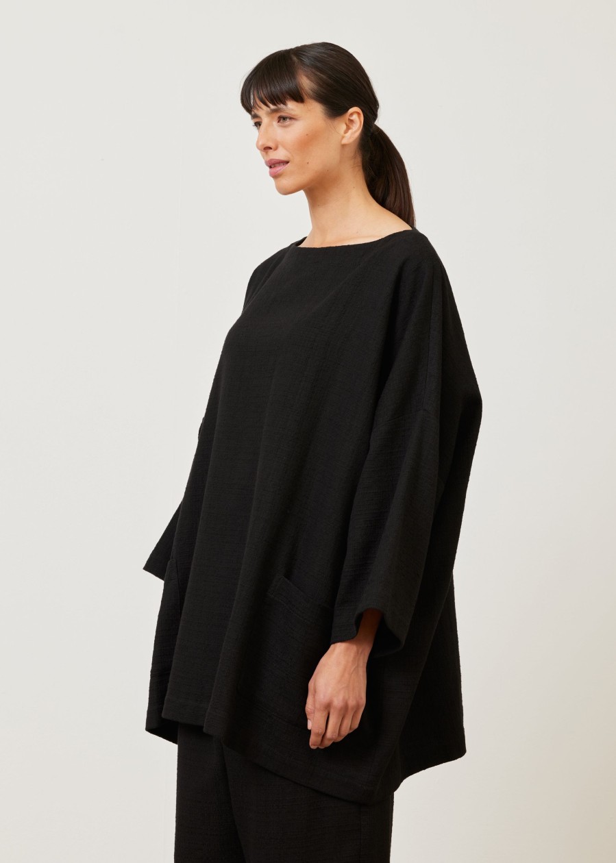 Women Eskandar | Sloped Shoulder Scoop Neck Poncho-Long Plus Black