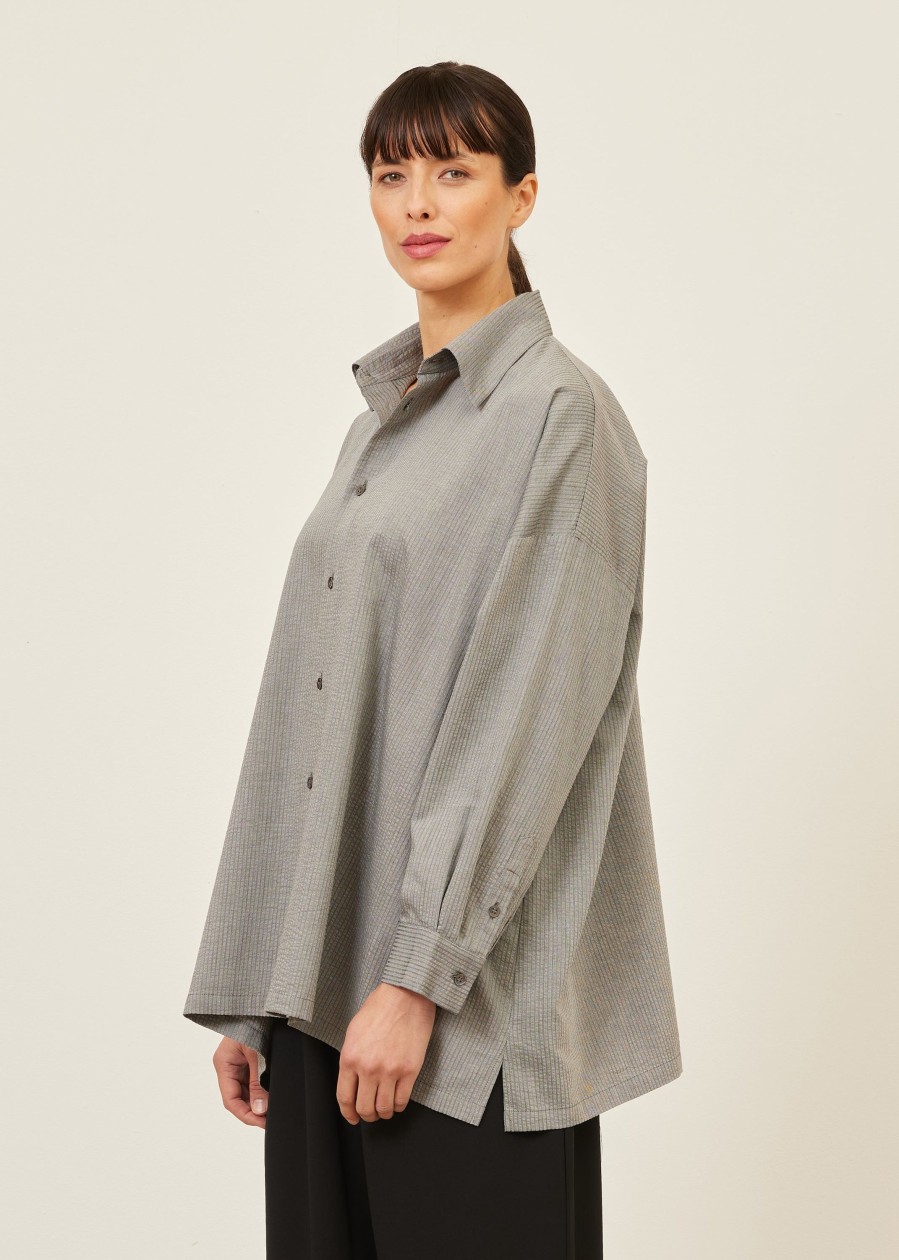 Women Eskandar | Wide A-Line Shirt With Collar-Long Greysilver