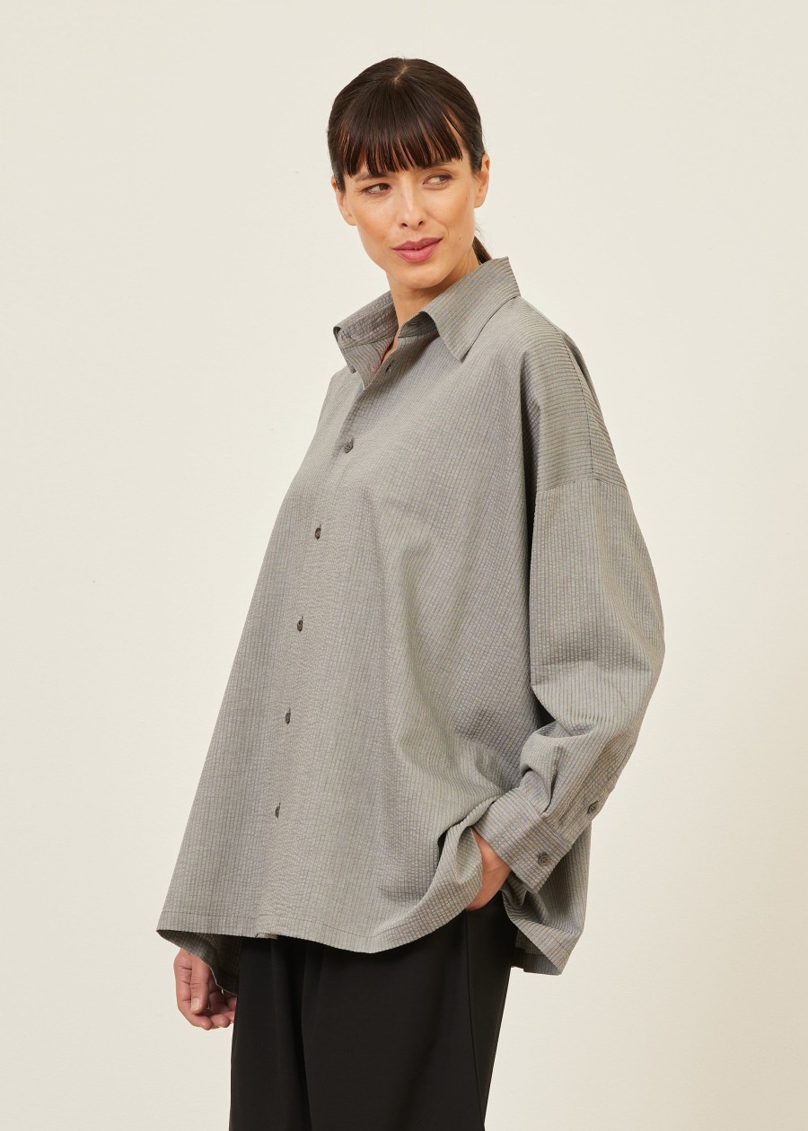 Women Eskandar | Wide A-Line Shirt With Collar-Long Greysilver