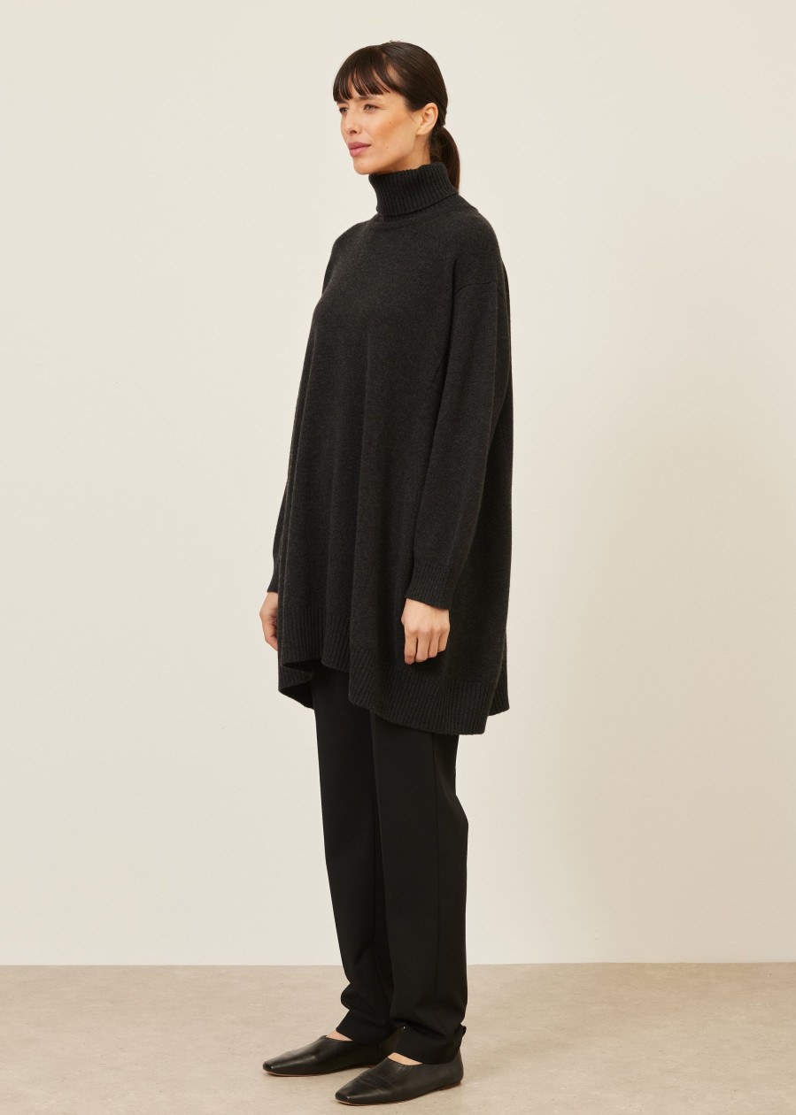 Women Eskandar | Panelled A-Line Roll Neck Sweater-Long Plus Coal