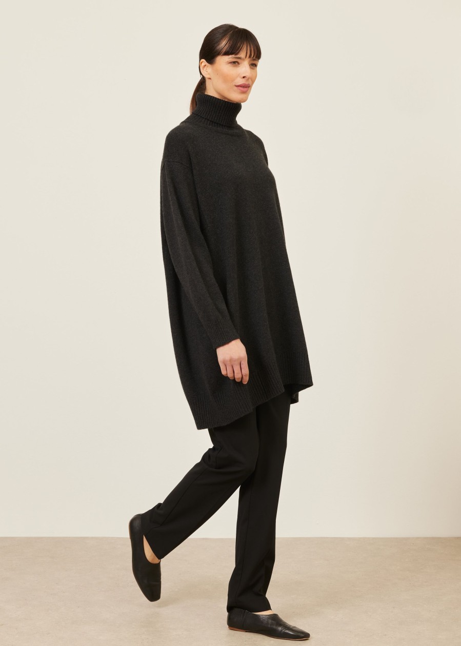 Women Eskandar | Panelled A-Line Roll Neck Sweater-Long Plus Coal