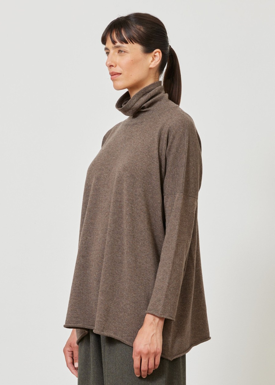 Women Eskandar | Slim Sleeve Raw Edge Scrunch Neck Sweater-Mid Plus Falcon