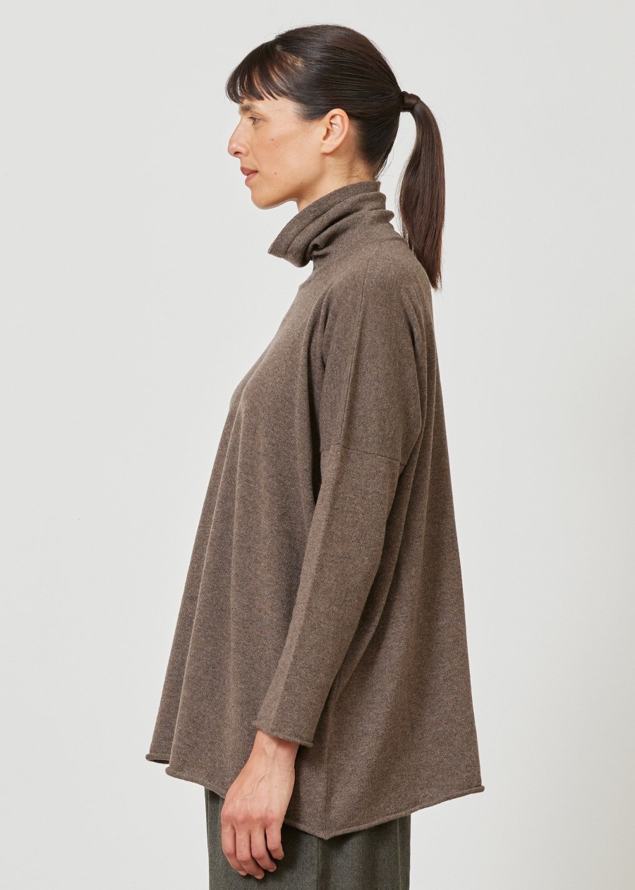 Women Eskandar | Slim Sleeve Raw Edge Scrunch Neck Sweater-Mid Plus Falcon