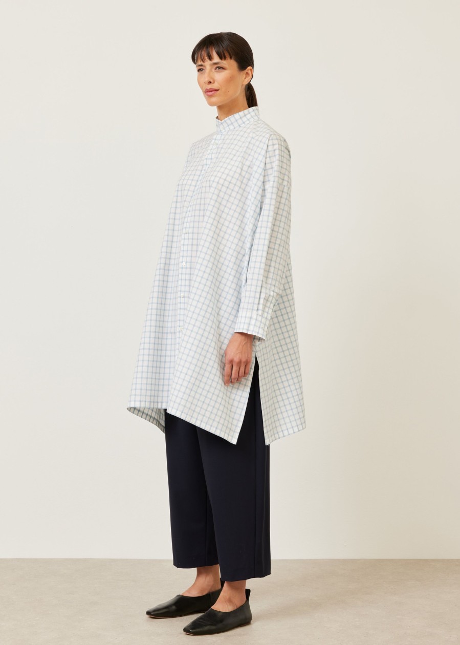 Women Eskandar | Wide A-Line Collarless Shirt-Very Long With Slits Woadblue