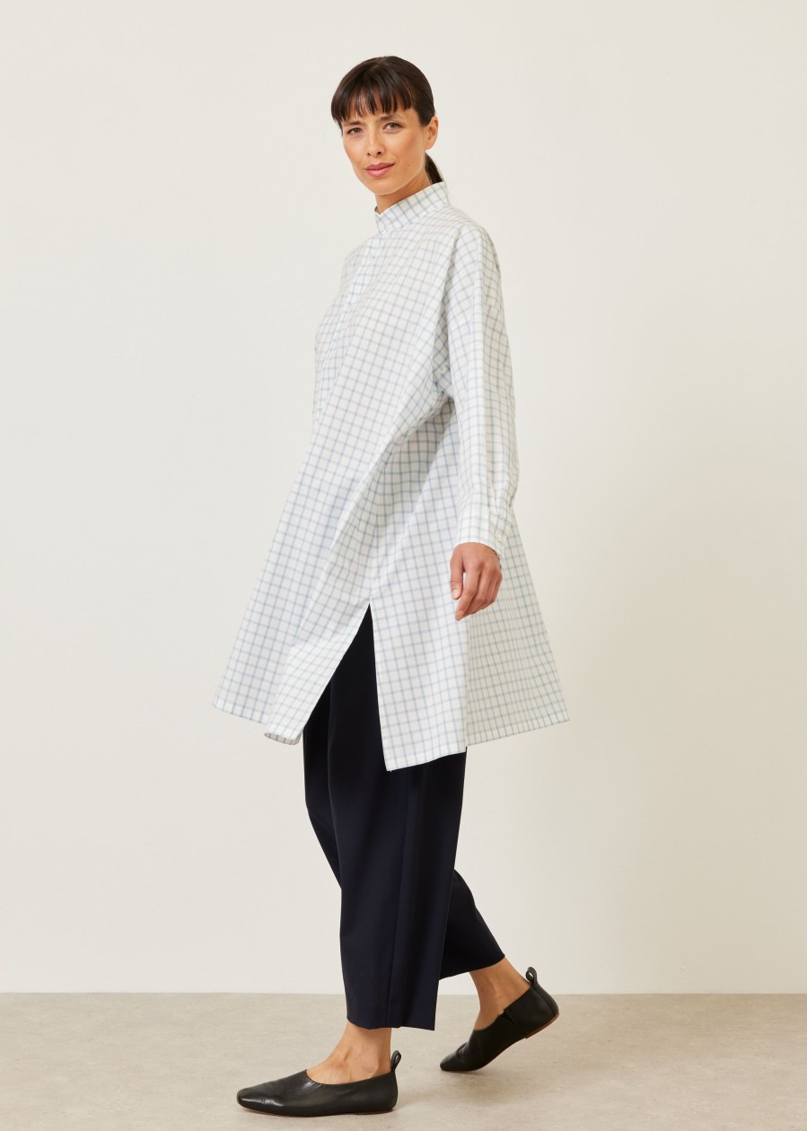 Women Eskandar | Wide A-Line Collarless Shirt-Very Long With Slits Woadblue