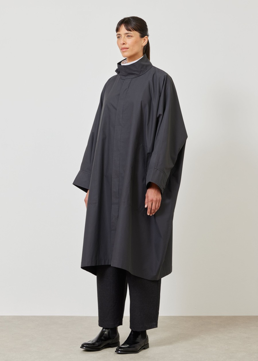 Women Eskandar | Extra Wide Sloped Shoulder Raincoat With Tabs-3/4 Length Charcoal