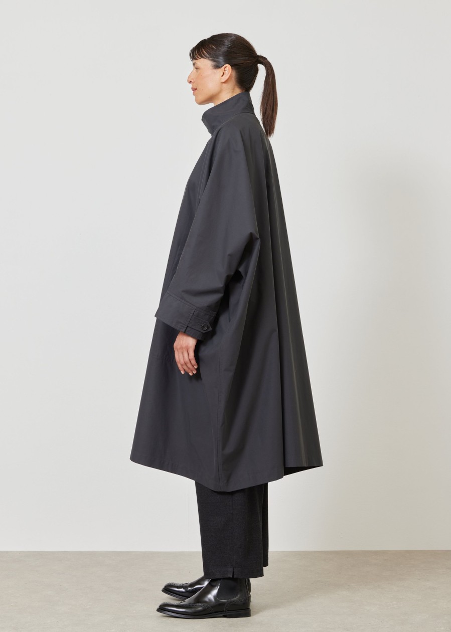 Women Eskandar | Extra Wide Sloped Shoulder Raincoat With Tabs-3/4 Length Charcoal