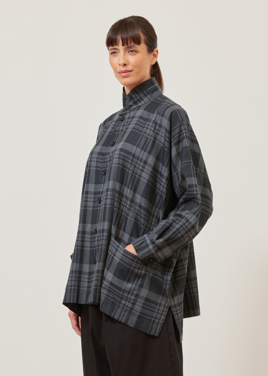 Women Eskandar | Wide Longer Back Double Stand Collar Shirt Jacket With Collar-Long Black