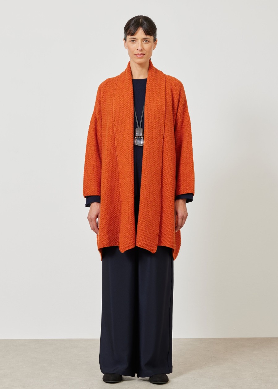 Women Eskandar | A-Line Scrunch Shawl Collar Knit Cardigan-Long Plus Burntorange