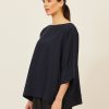 Women Eskandar | Scoop Neck 3/4 Sleeve Top With Hembands-Mid Plus Navydark