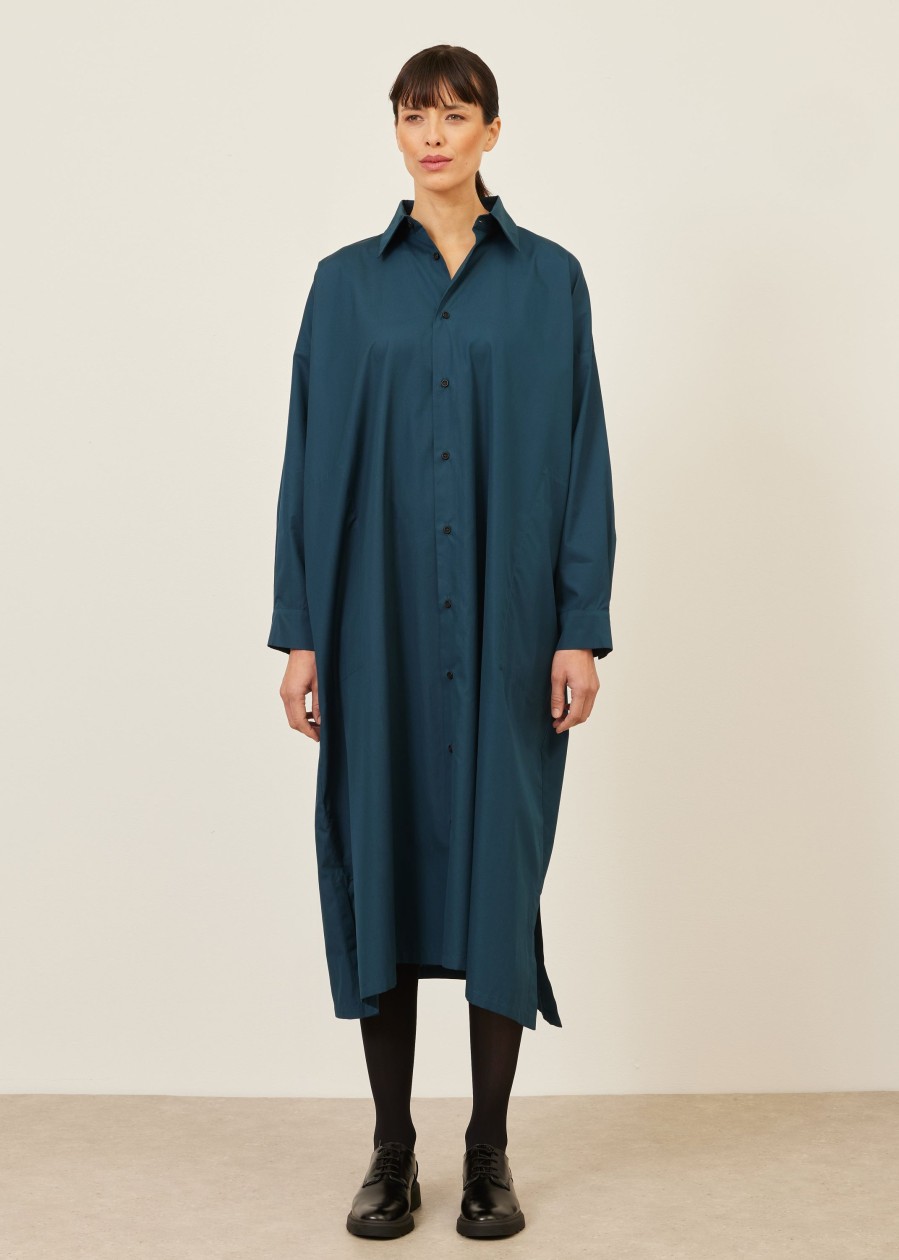 Women Eskandar | Wide A-Line Shirt Dress With Collar Tealdark