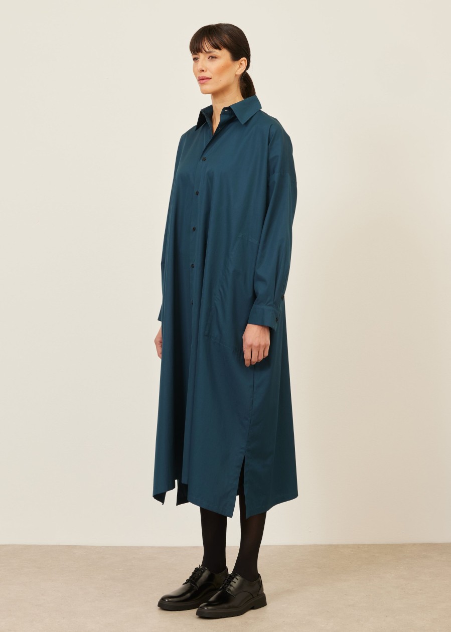 Women Eskandar | Wide A-Line Shirt Dress With Collar Tealdark