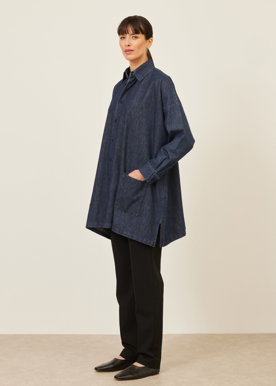 Women Eskandar | Wide A-Line Shirt Jacket With Collar-Long Plus Jeandark