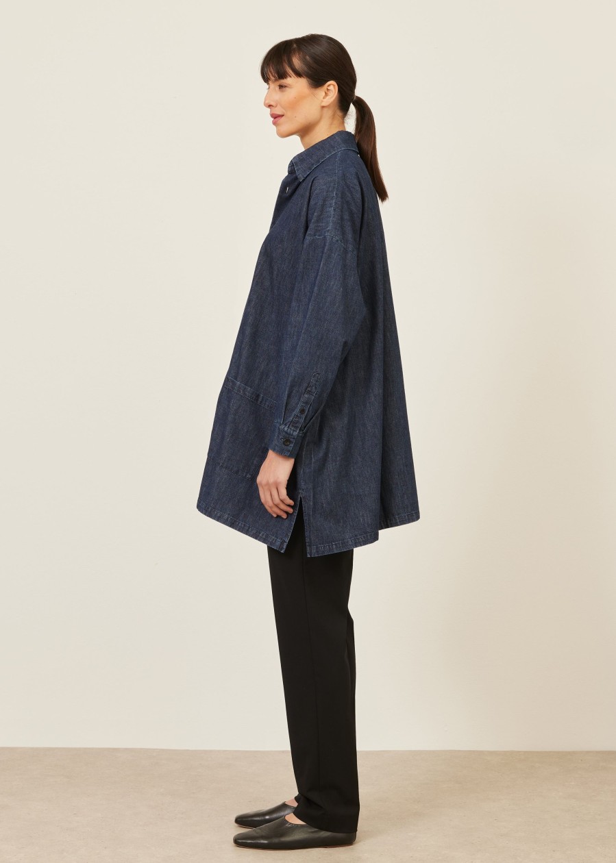 Women Eskandar | Wide A-Line Shirt Jacket With Collar-Long Plus Jeandark