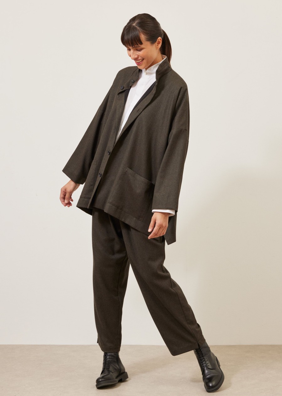 Women Eskandar | Wide Longer Back Double Stand Collar Jacket-Long Darkmoss