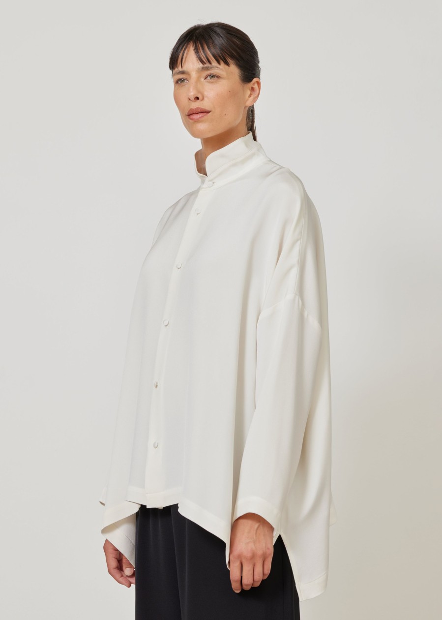 Women Eskandar | Wide Longer Back Double Stand Collar Shirt-Mid Plus White